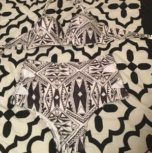 High Waisted Black and White Aztec print bikini